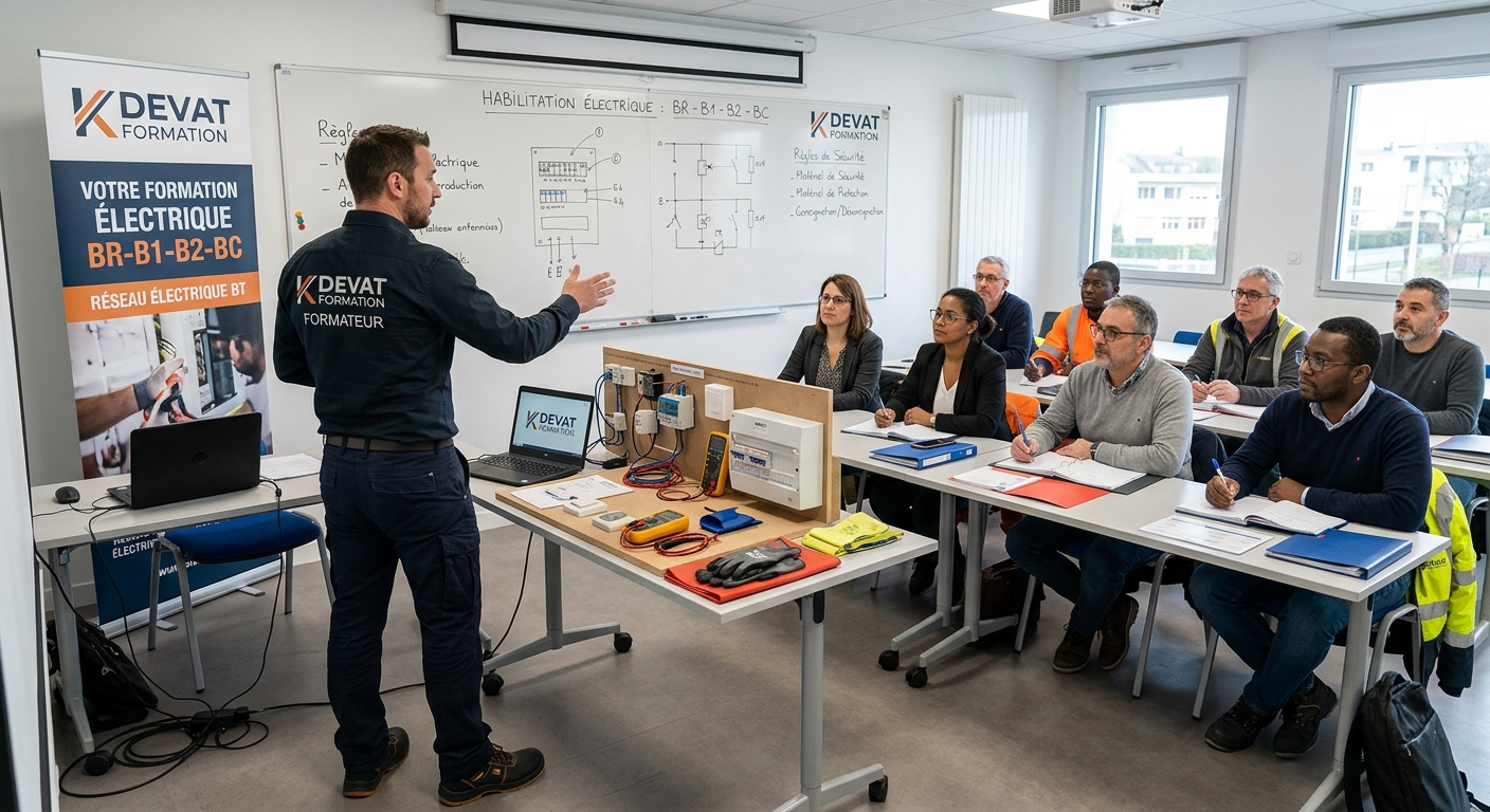 Formation habilitation électrique BR B1 B2 BC à Toulouse : formateur KDEVAT Formation devant un groupe d'électriciens en salle de formation