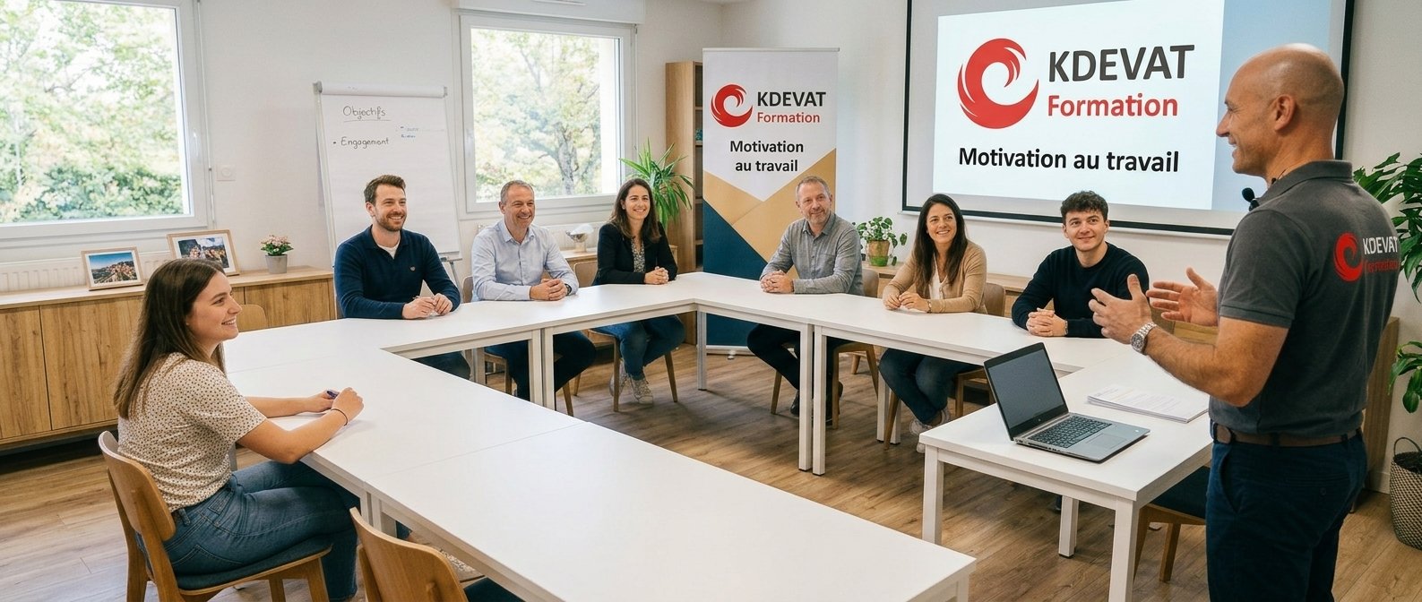 Formation motivation au travail KDEVAT : un formateur anime un groupe de salariés installés en U dans une salle de formation